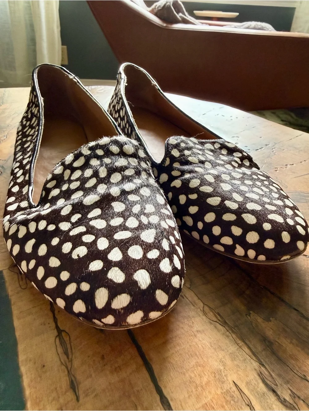 J. CREW Cora Calf Hair Smoking Flats Shoes Speckled Brown White Spots - Picture 3 of 8